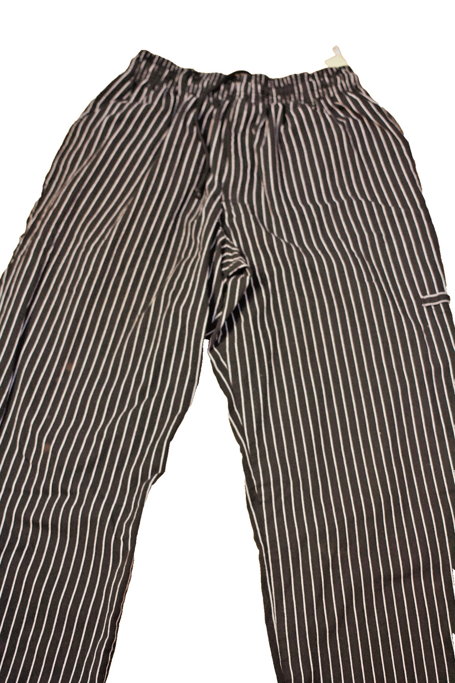 New Chef California Chef Pants Large Blk White Pinstripe Elastic Waist 28 Inseam